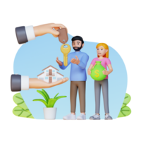 main de l'agent immobilier donnant la clé de la nouvelle maison au jeune couple, illustration de personnage 3d png