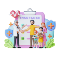 seguro médico de salud con familia feliz y médico, ilustración de personajes en 3d png