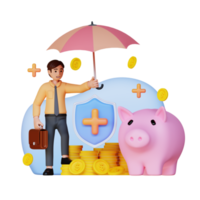homme d'affaires portant un parapluie avec une grande tirelire et un bouclier d'assurance, illustration de personnage 3d png