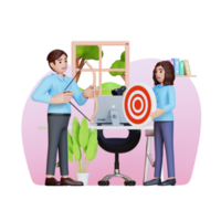 Business woman holding target while other business man aims bow and arrow 3d character illustration png