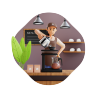 barista feminino preparando café usando chemex despeje sobre a cafeteira e a chaleira de gotejamento ilustração de personagem 3d