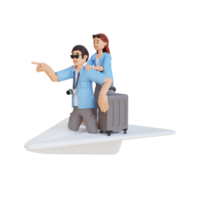 female and male tourists on a big paper plane with suitcase 3d character illustration png