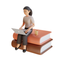 young girl using laptop while sitting on pile of big books 3d character illustration png