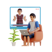 jovem aprendendo com seu laptop na ilustração de personagem 3d em casa png