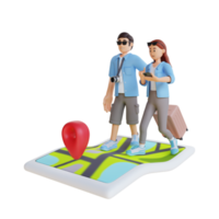 pareja de turistas caminando juntos con un gran mapa de navegación ilustración de personajes 3d png