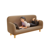 junges mädchen, das laptop verwendet, während es auf sofa 3d-charakterillustration liegt png