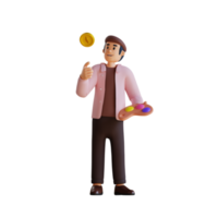 artist with palette tossing coin up 3d character illustration png