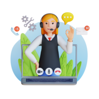 agente de servicio al cliente con auriculares hablando a través de una videollamada usando una ilustración de personaje 3d de una computadora portátil png