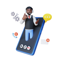 male customer service agent with headsets talking via video call using cell phone 3d character illustration png