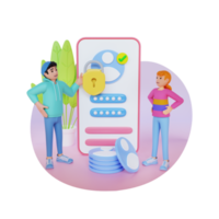 el joven y la niña protegen sus datos personales en el teléfono inteligente, ilustración de personajes en 3d png
