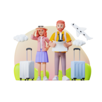 un par de turistas con maleta buscando ubicación en un mapa de papel, ilustración de personajes en 3d png