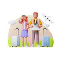 couple de touristes avec valise recherchant l'emplacement sur une carte papier, illustration de personnage 3d png