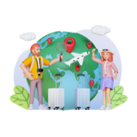 tourist couple with big globe holding magnifying glass looking for navigation map, 3d character illustration png