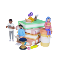 men and women sitting on stack of big books and reading, 3d character illustration png