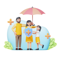 glückliche familie mit regenschirm und versicherungsschild 3d-charakterillustration png
