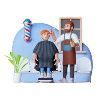 barbiere negozio tagliare cliente capelli e parlare per ogni Altro, 3d personaggio illustrazione png