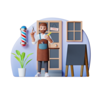 barber opened his shop 3d character illustration png