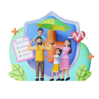 glückliche familie erhält lebensversicherung 3d-charakterillustration png