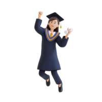niña saltando mientras sostiene la ilustración de personaje 3d de graduación de diploma png