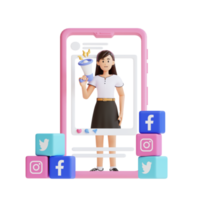 junges mädchen, das digitales marketing auf social media-app tut 3d-charakterillustration png