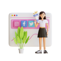 young girl doing mobile promotion 3d character illustration png