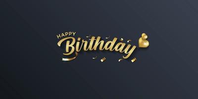 fondo de feliz cumpleaños, simple y moderno con letras doradas en 3d y forma de corazón dorado sobre fondo negro vector