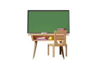 3d modelo de quadro-negro verde com desenho de mesa de escola de madeira, cadeira, lâmpada, livro isolado. ilustração de renderização 3D png