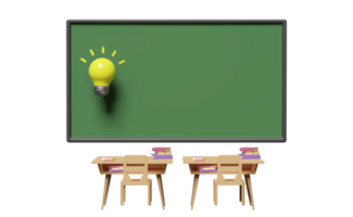 3d green blackboard template with light bulb, wooden school desk cartoon, chair, book isolated. idea tip concept, 3d render illustration png