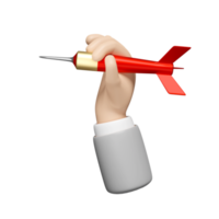 Manos de hombre de negocios 3d sosteniendo dardos o flecha roja aislada. concepto de objetivo de negocio, ilustración de renderizado 3d png