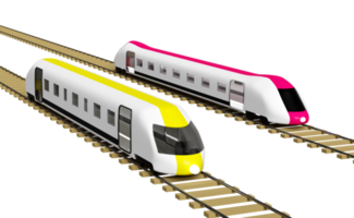 3d zwei Hochgeschwindigkeitszugkarikatur mit Eisenbahngleisen, Sky-Train-Transportspielzeug, Sommerreiseservice, Planung des reisenden Tourismuszuges isoliert. 3D-Darstellung png