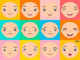 caras sonrientes, conjunto de emoticonos, fondo de cuadrados coloridos. vector