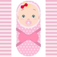 Smiling caucasian baby girl with pacifier isolated on white background. Vector cartoon mascot. Holiday illustration to Birthday, Baby Shower.