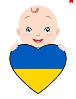 Smiling face of a child, a baby and a Ukraine flag in the shape of a heart. Symbol of patriotism, independence, travel, emblem of love. vector