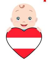 Smiling face of a child, a baby and a Austria flag in the shape of a heart. Symbol of patriotism, independence, travel, emblem of love. vector