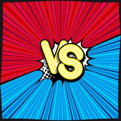 VS, comic retro lettering with shadows, halftone pattern on retro poster background. Cloud of explosion with the inscription, versus. Bright pop art style.