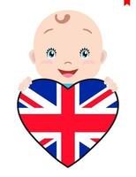 cara sonriente de un niño, un bebé y una bandera de gran bretaña en forma de corazón. símbolo de patriotismo, independencia, viaje, emblema de amor. vector