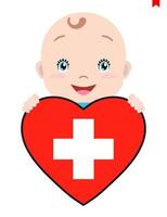 cara sonriente de un niño, un bebé y una bandera suiza en forma de corazón. símbolo de patriotismo, independencia, viaje, emblema de amor. vector