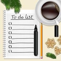 Notebook with to do list, fir tree branches, cookie, a pencil, a marker, and coffee cup on a table with wooden texture. vector