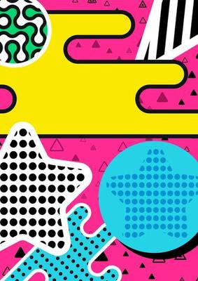 Memphis poster, background with simple geometric elements, patterns fashion trend 80-90s. Vector.