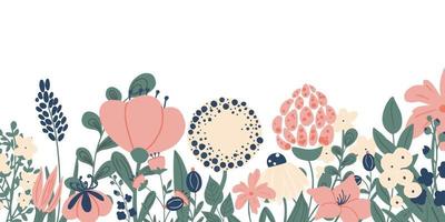 ilustración de vector de estilo de dibujos animados con hojas y flores con lugar para el texto. plantilla horizontal para sitios web, invitaciones a eventos, tarjetas de felicitación, carteles publicitarios, afiches. diseños de flores