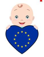 Smiling face of a child, a baby and a European Union flag in the shape of a heart. Symbol of patriotism, independence, travel, emblem of love. vector