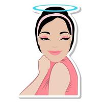 Well done, cartoon friendly brunette woman with halo over head is happy, smiling angel girl flirts cute. Young smiling woman, beautiful fashionable happy cute girl, isolated portrait. vector