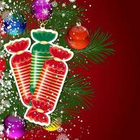 Christmas background with Christmas tree branches decorated with glass balls and toys. vector