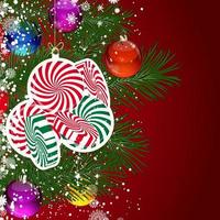 Christmas background with Christmas tree branches decorated with glass balls and toys. vector