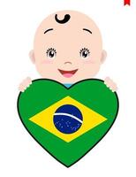 cara sonriente de un niño, un bebé y una bandera de brasil en forma de corazón. símbolo de patriotismo, independencia, viaje, emblema del amor. vector