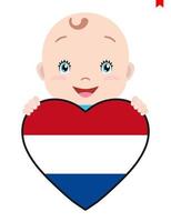 Smiling face of a child, a baby and a Netherlands flag in the shape of a heart. Symbol of patriotism, independence, travel, emblem of love. vector