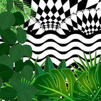 Tropical leaves background with geometric elements, vector floral patterns fashion trend.