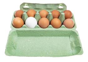 ten various chicken eggs in green box isolated photo