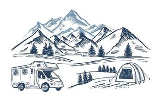 Camping in nature, motor home, Mountain landscape, hand drawn style, vector illustrations.