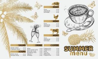 diseño de menú de verano de restaurante. ilustraciones dibujadas a mano. vector